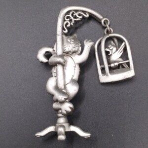 Vintage JJ Cat Birdcage Brooch Silver Tone Dangle Pin Jonette Jewelry Signed